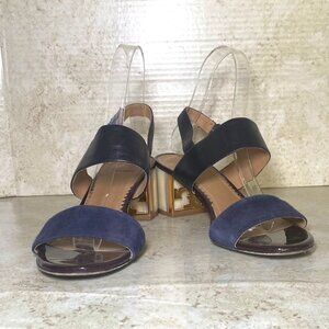 Tory Burch Black Leather‎ Block Heel Sandals With Gold Accent